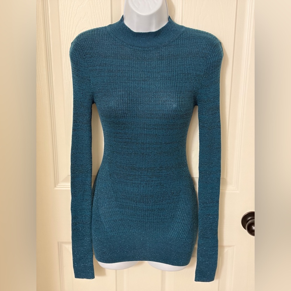Abercrombie Shimmer Ribbed Mock Neck Sweater Teal Blue Slim Fit Stretch S